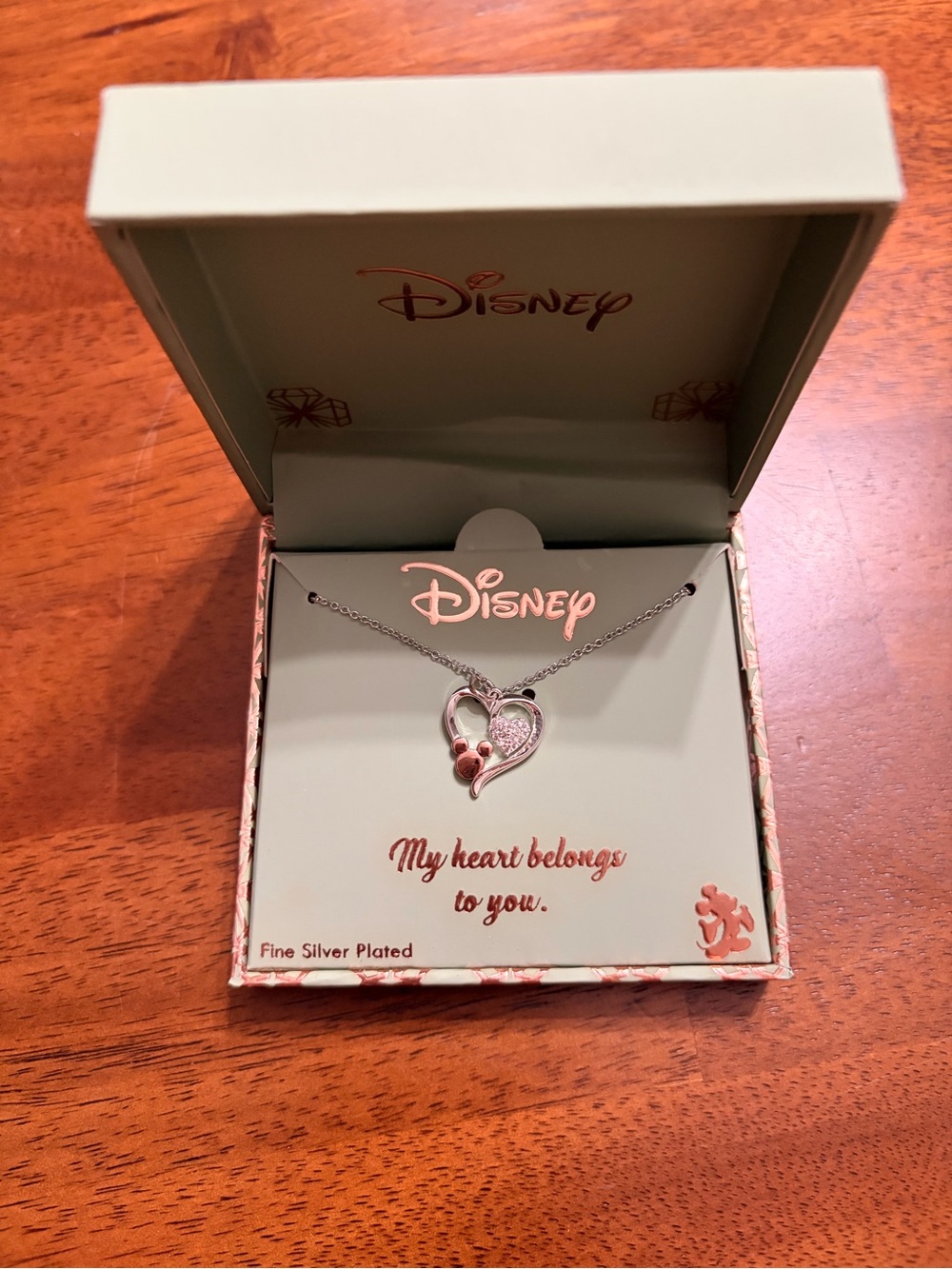 Disney Fine Silver Plated Heart Pendant Necklace with Pink Accent